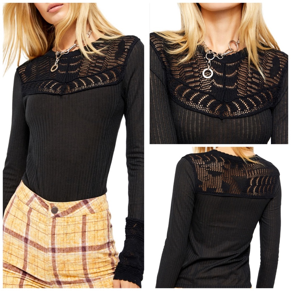 Free People Black Colette Crochet Top Sweater New